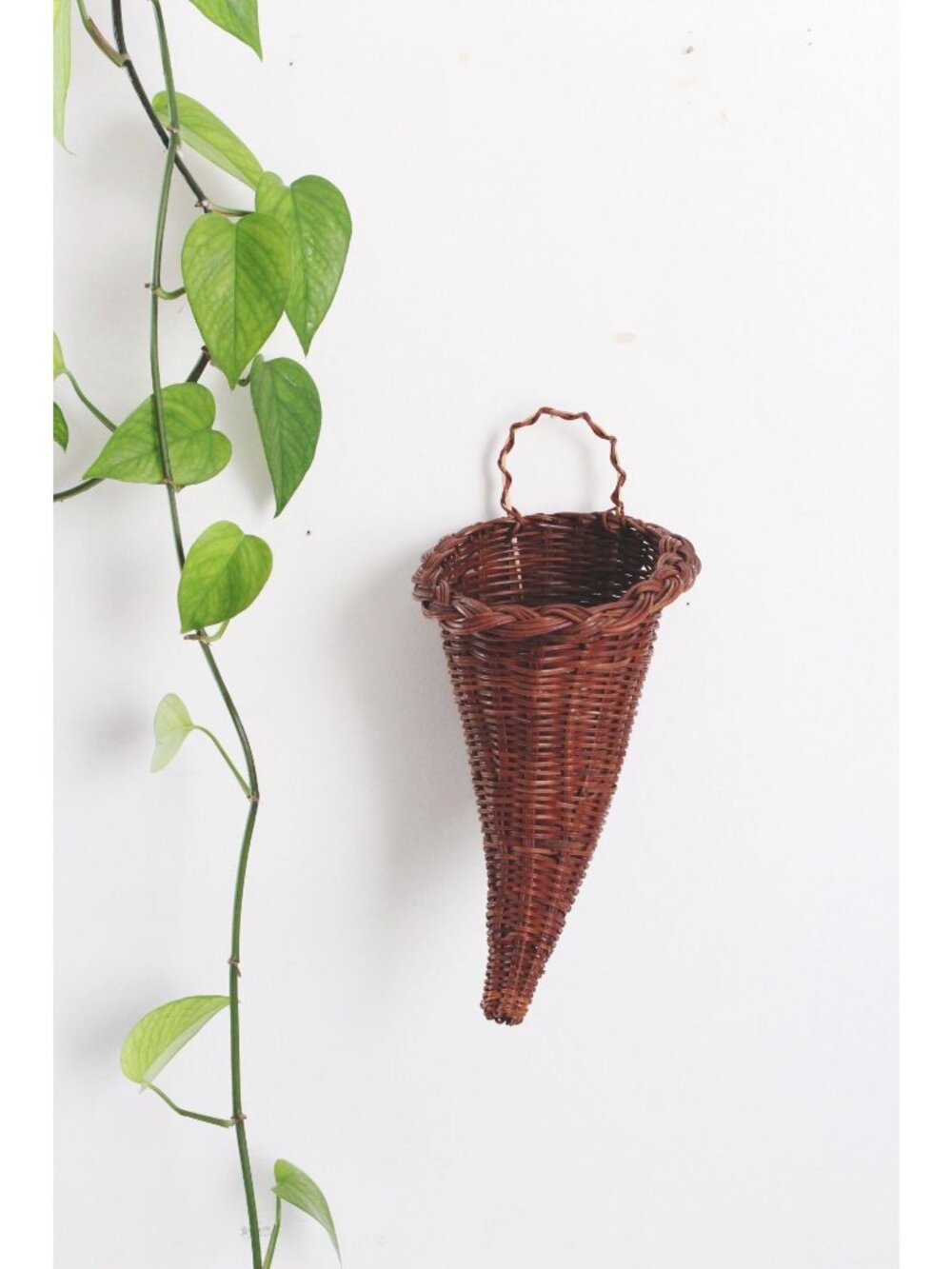 Vintage Brown Wicker Cornucopia or Horn of Plenty Wall Hanging Basket - Woven Ra